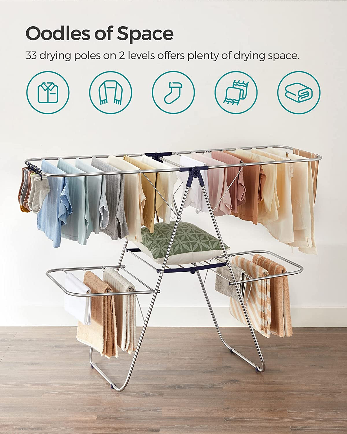 Clothes Drying Rack, Foldable 2-Level Laundry Drying Rack, Free-Standing Large Drying Rack, with Height-Adjustable Wings, 33 Drying Rails, Sock Clips, Silver and Blue ULLR53BU