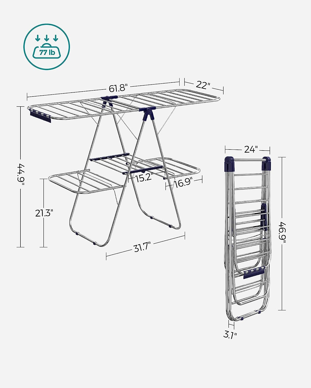 Clothes Drying Rack, Foldable 2-Level Laundry Drying Rack, Free-Standing Large Drying Rack, with Height-Adjustable Wings, 33 Drying Rails, Sock Clips, Silver and Blue ULLR53BU