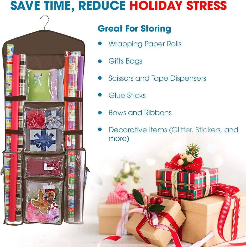 Double Sided Hanging Wrapping Paper Storage Organizer with Multiple Pockets - Efficiently Organize Gift Wrap, Gift Bags, Bows, and Ribbons - 40"X17" - Accommodates 40 Inch Rolls - Clear PVC Bag - Brown