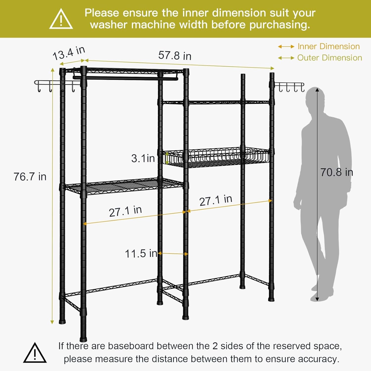 over the Washer and Dryer Storage Shelf, Laundry Room Drying Rack, 3 Tier Adjustable Height Shelving Bathroom Space Saving Rack with Wire Basket and 2 Hooks, 57.8" L X 13.4" D X 76.7" H, Black