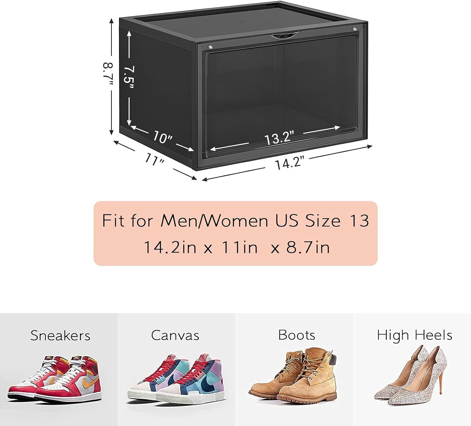 Professional title: "Set of 2 Large Stackable Clear Plastic Shoe Boxes with Lids for Sneaker Display, Fits up to US Size 13 (Black)"