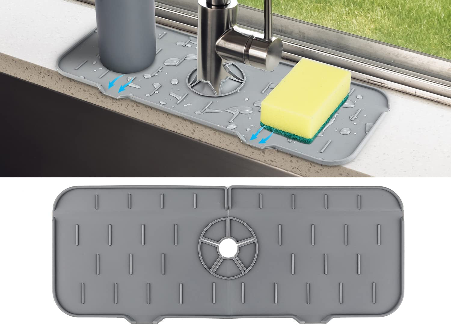 Kitchen Sink Splash Guard - Silicone Faucet Handle Drip Catcher Tray, Dish Soap Dispenser and Sponge Holder Mat behind Faucet, Kitchen Guard Gadgets Sink Accessories for Kitchen Counter and Bathroom