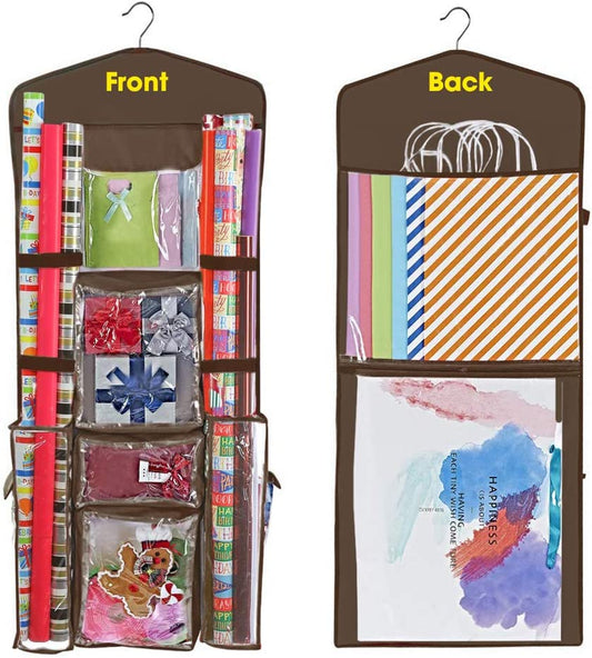 Double Sided Hanging Wrapping Paper Storage Organizer with Multiple Pockets - Efficiently Organize Gift Wrap, Gift Bags, Bows, and Ribbons - 40"X17" - Accommodates 40 Inch Rolls - Clear PVC Bag - Brown