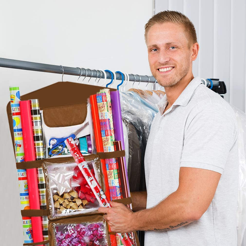 Double Sided Hanging Wrapping Paper Storage Organizer with Multiple Pockets - Efficiently Organize Gift Wrap, Gift Bags, Bows, and Ribbons - 40"X17" - Accommodates 40 Inch Rolls - Clear PVC Bag - Brown