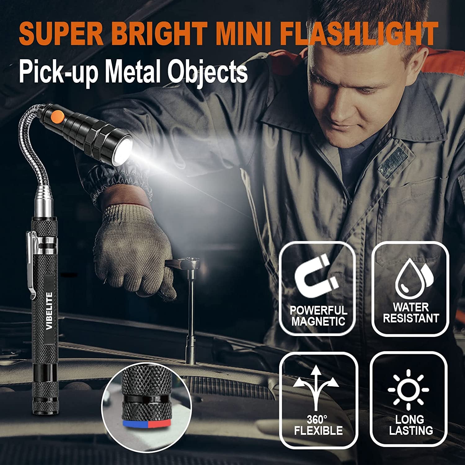 Telescoping Magnetic Pick up Tool with 1 Lb and 15 Lb Pickup Rod, round and Square 360 Swivel Adjustable Inspection Mirror and Flexible LED Flashlight, Christmas Gifts Stocking Stuffers for for Men