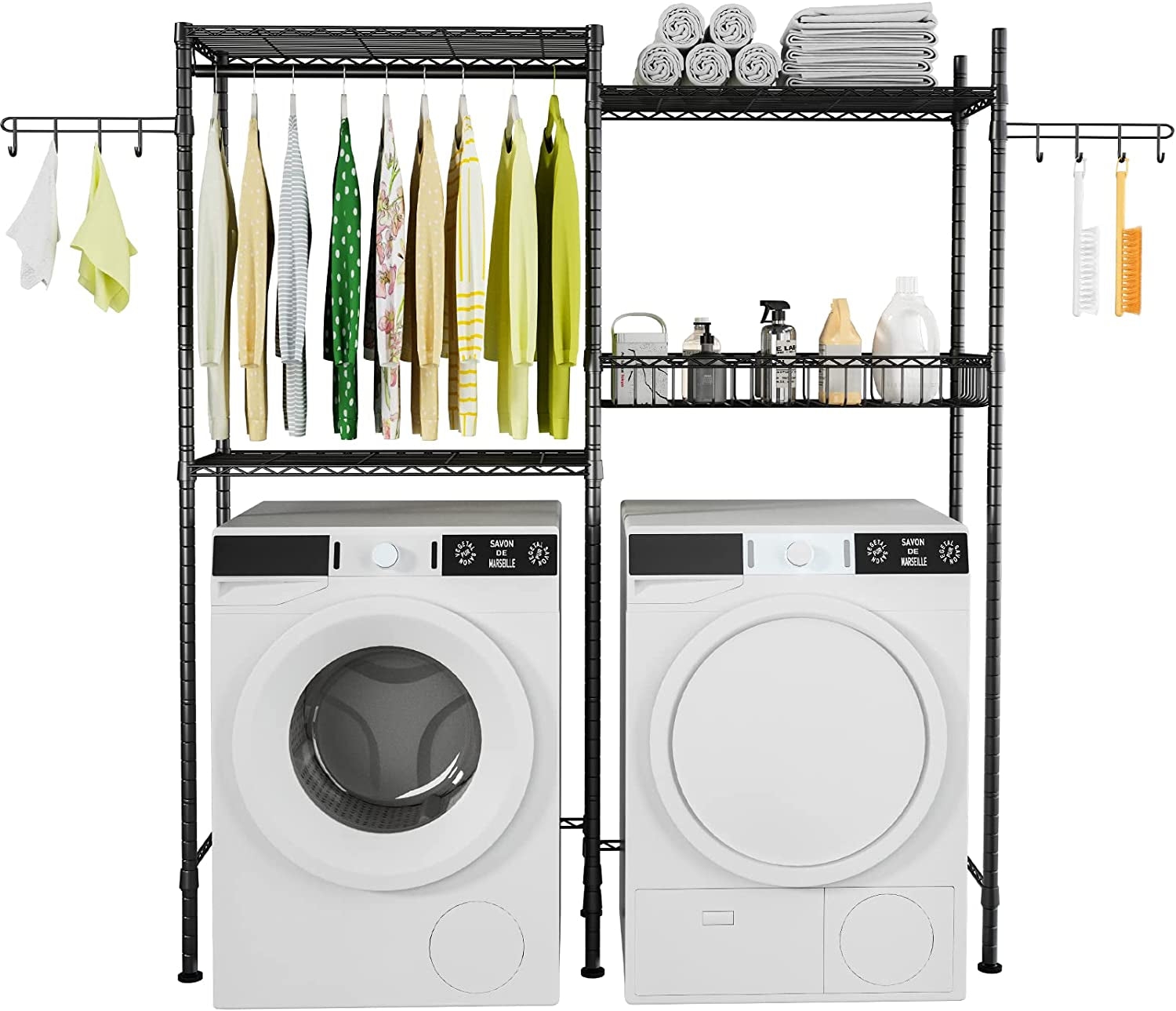 over the Washer and Dryer Storage Shelf, Laundry Room Drying Rack, 3 Tier Adjustable Height Shelving Bathroom Space Saving Rack with Wire Basket and 2 Hooks, 57.8" L X 13.4" D X 76.7" H, Black