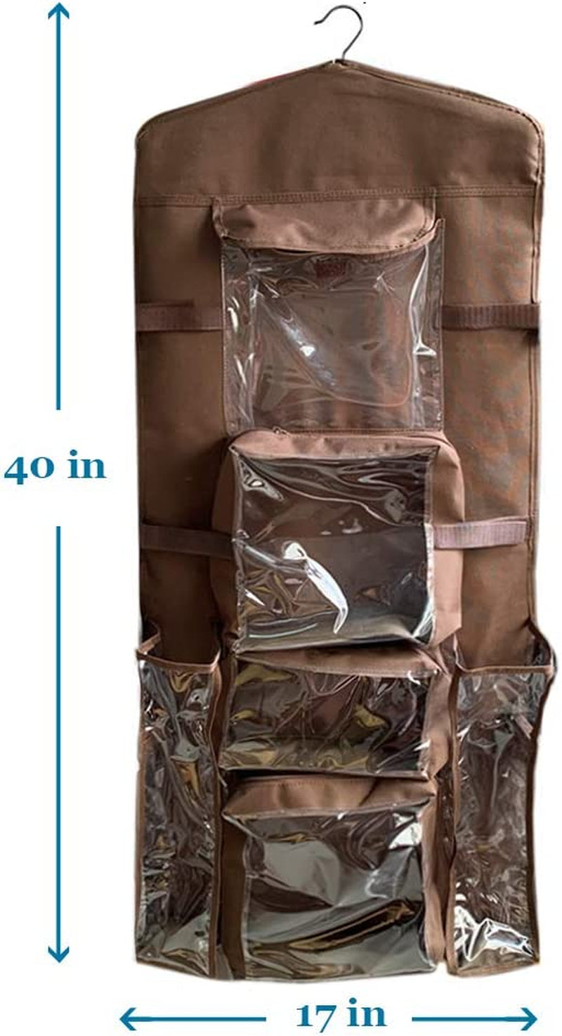 Double Sided Hanging Wrapping Paper Storage Organizer with Multiple Pockets - Efficiently Organize Gift Wrap, Gift Bags, Bows, and Ribbons - 40"X17" - Accommodates 40 Inch Rolls - Clear PVC Bag - Brown