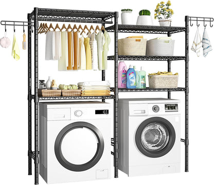 U6 Clothes Drying Rack, 5 Tiers Freestanding over Washer and Dryer Laundry Room Storage and Organizer, Heavy-Duty Space Saver Shelf for Hanging Clothes and Towels, 65.3”W X 13.4”D X 77.5”H, Black