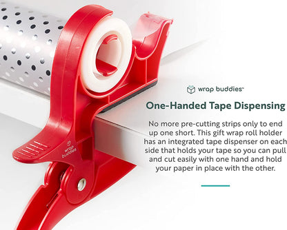 Wrapping Paper Clamps - 2 Gift Wrapping Paper Holder Clamps with Integrated Tape Dispensers, Simple Gift Wrap Table Clamps, Wrapping Paper Holder Clips and Tape Dispensers (Cherry Red)