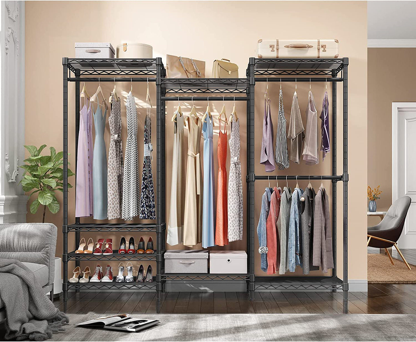 Portable Closet Wardrobe Heavy Duty Clothes Rack/ Heavy Duty Wardrobe/Garment Rack, 5-Tier Freestanding Clothes Rack with Shelves,