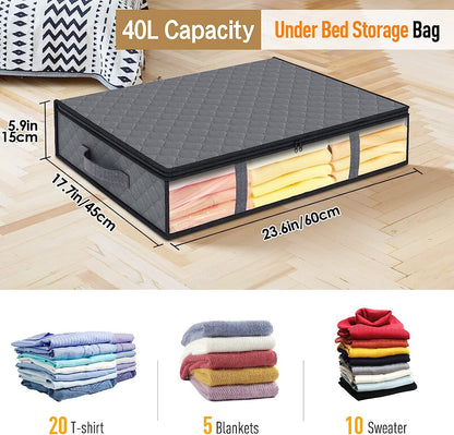 Set of 4  Under Bed Storage Containers - 40L Capacity, Foldable Bins with Clear Window Organizer for Clothing, Blankets, Bedding - Ideal for Bedroom, Closet, Dorm Room - Grey