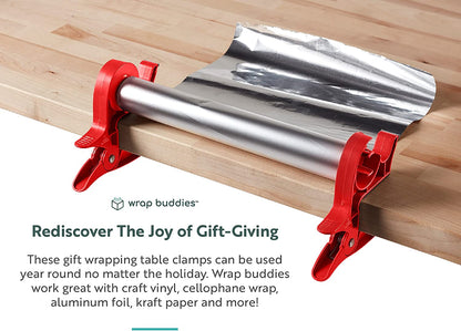 Wrapping Paper Clamps - 2 Gift Wrapping Paper Holder Clamps with Integrated Tape Dispensers, Simple Gift Wrap Table Clamps, Wrapping Paper Holder Clips and Tape Dispensers (Cherry Red)