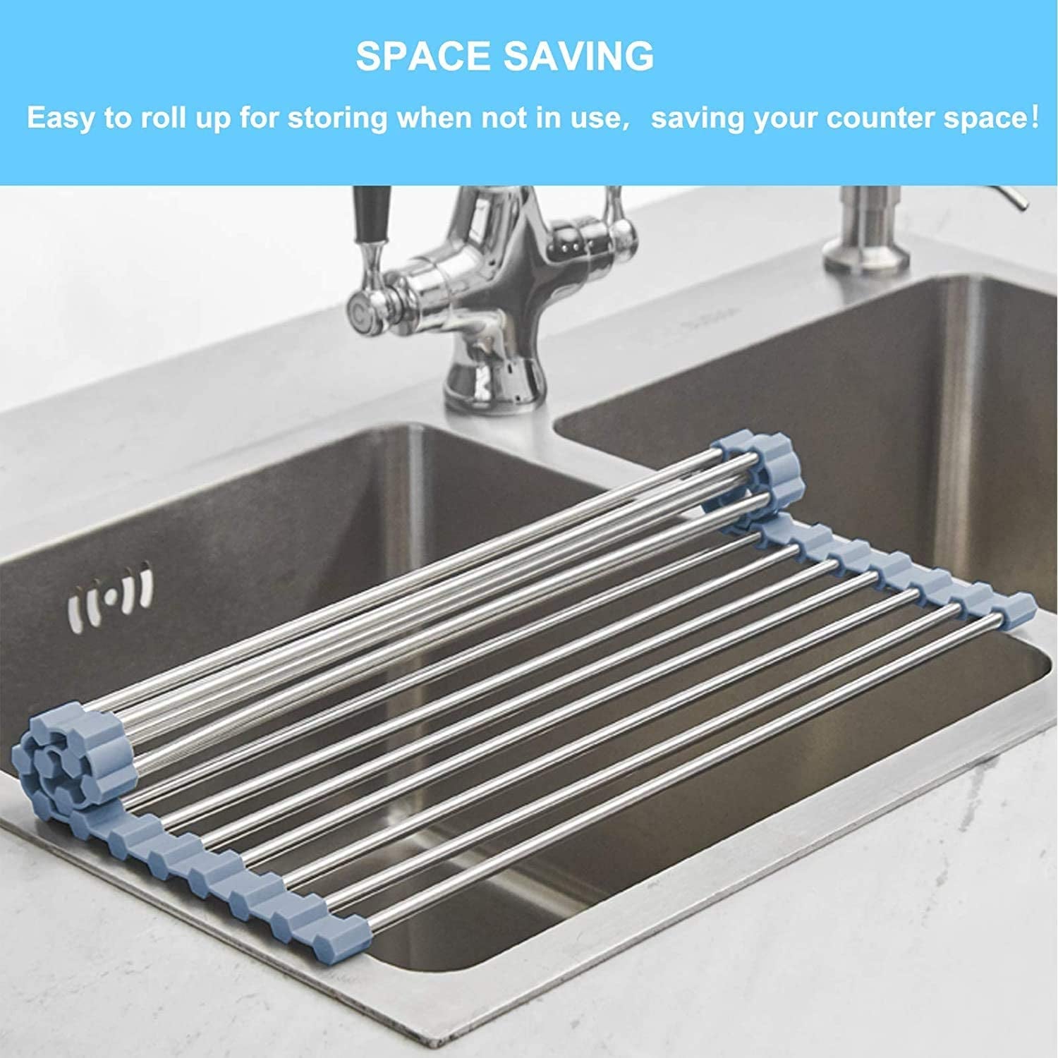 Roll up Dish Drying Rack, Roll over the Sink Dish Drying Rack Kitchen Rolling Dish Drainer, Foldable Sink Rack Mat Stainless Steel Wire Dish Drying Rack for Kitchen Sink Counter (17.5''X11.8'')