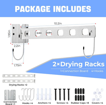 Set of 2  Wall Mounted Clothes Drying Racks with Removable Design, Ideal for Laundry Room, Closet, or Balcony - Heavy Duty Hanger Holder with 4 Hooks for Space Saving in Matte Silver