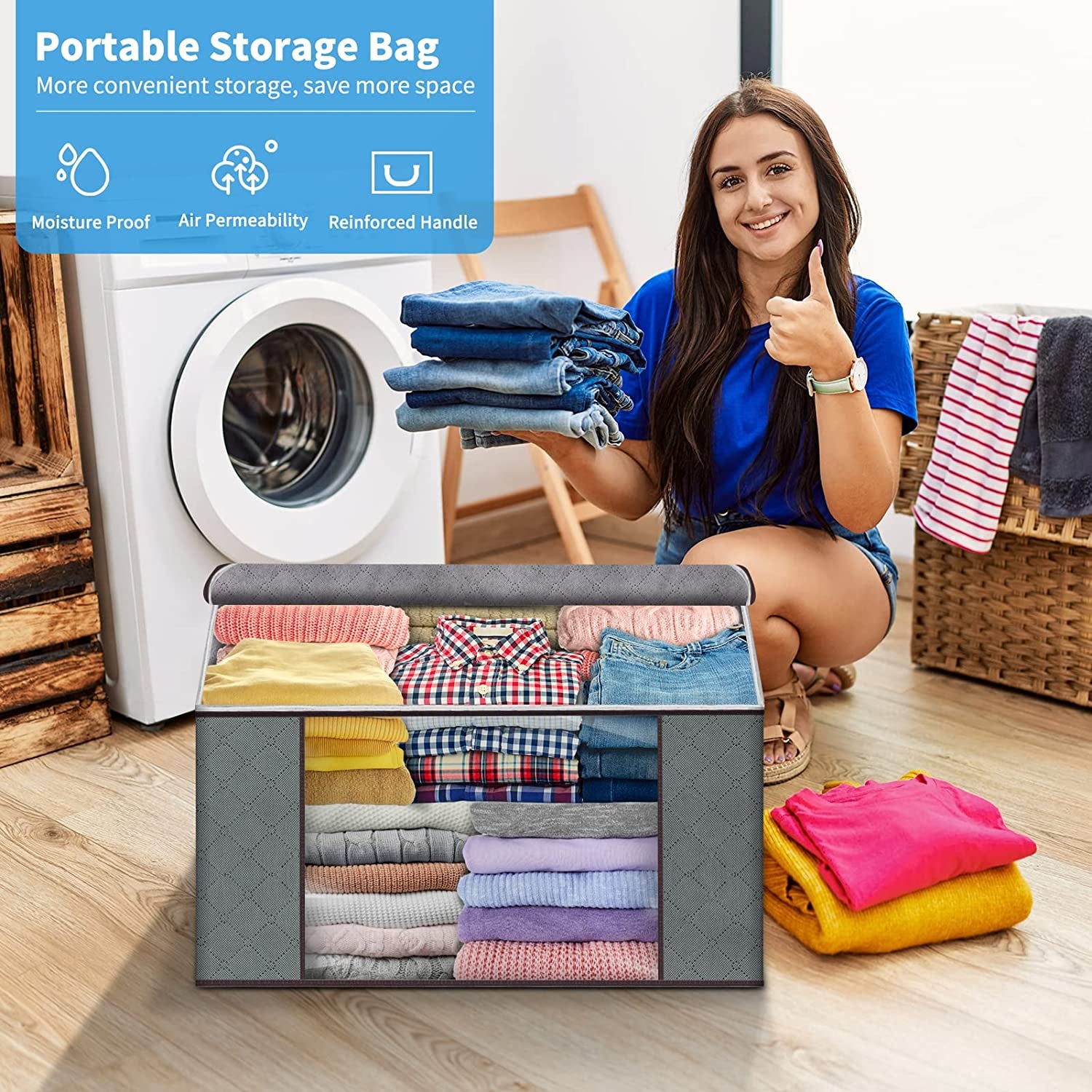 Professional Title: ```Set of 6 Foldable Clothes Storage Bags with Durable Handles - Thick Fabric Closet Organizers for Clothing, Comforters, Blankets, and Bedding```