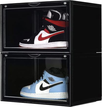 Professional title: "Set of 2 Large Stackable Clear Plastic Shoe Boxes with Lids for Sneaker Display, Fits up to US Size 13 (Black)"