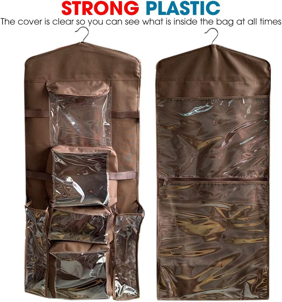 Double Sided Hanging Wrapping Paper Storage Organizer with Multiple Pockets - Efficiently Organize Gift Wrap, Gift Bags, Bows, and Ribbons - 40"X17" - Accommodates 40 Inch Rolls - Clear PVC Bag - Brown