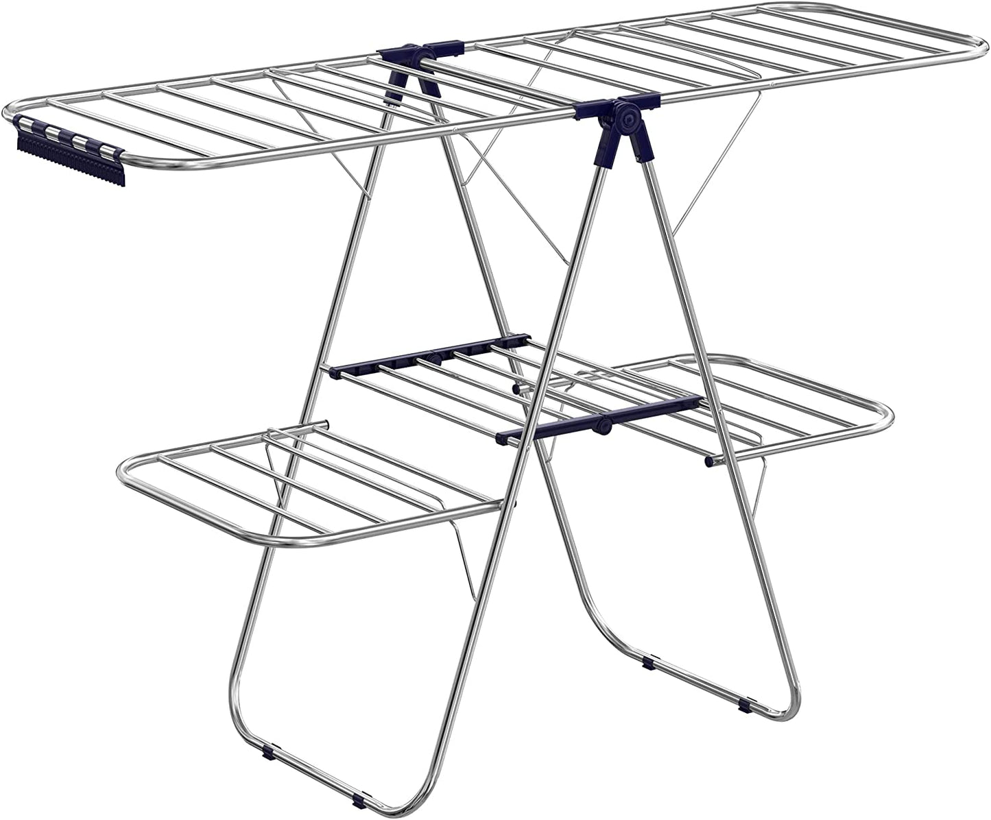 Clothes Drying Rack, Foldable 2-Level Laundry Drying Rack, Free-Standing Large Drying Rack, with Height-Adjustable Wings, 33 Drying Rails, Sock Clips, Silver and Blue ULLR53BU