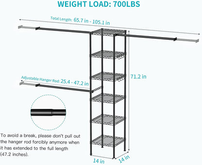 M1 Closet Storage Organizer System, 6 Tiers Heavy Duty Metal Garment Rack with 3 Expandable Hanger Rods, Wall Mounted Space Saver Suits from 5.4-8.7 Ft. Width, 71.2”H X 14”D, 700LBS, Black