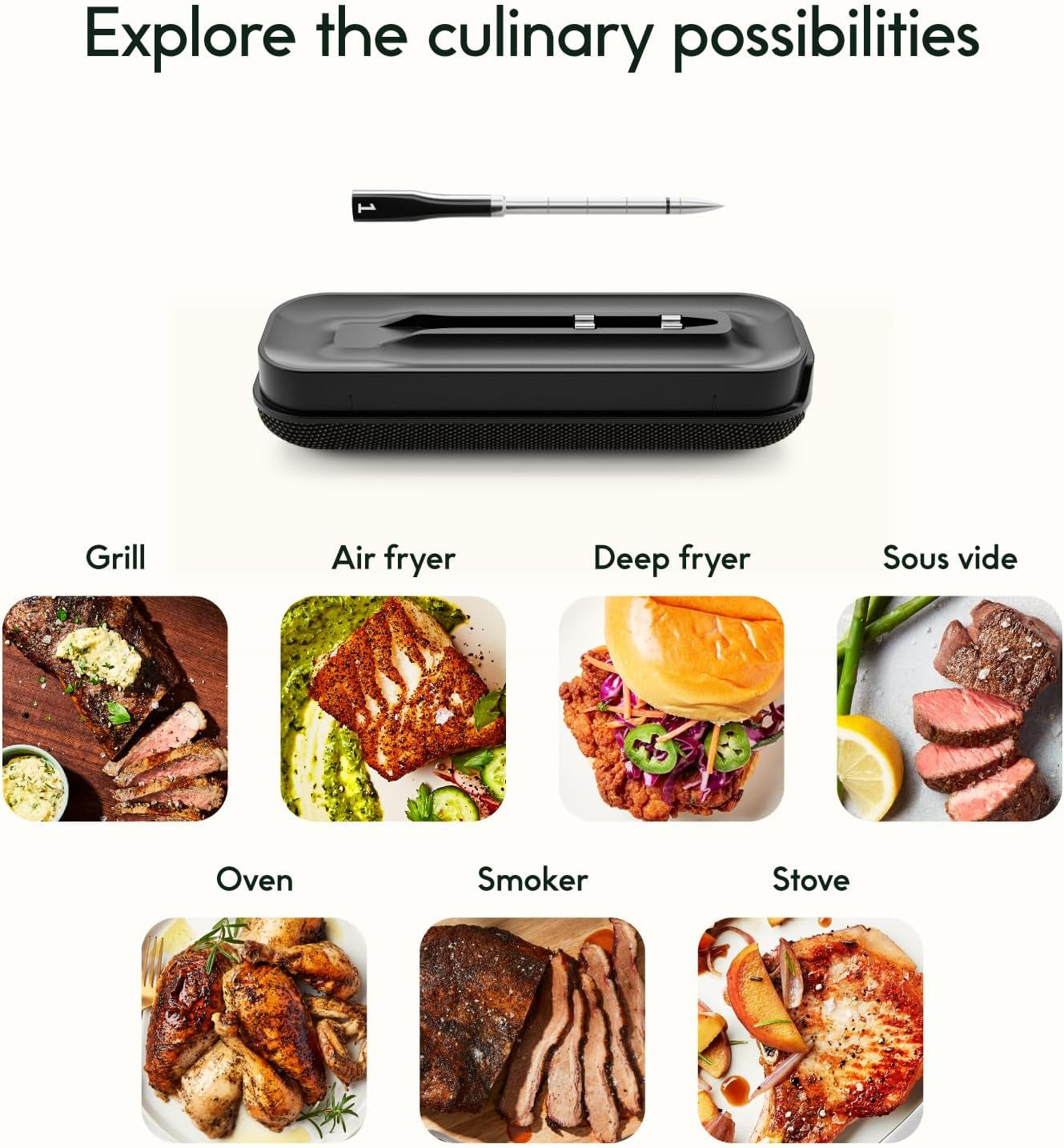 Professional Product Title: "Wireless Smart Food Thermometer with Extended Probe, Bluetooth Connectivity, and Remote Monitoring for BBQ Grill, Oven, Smoker, and Air Fryer"