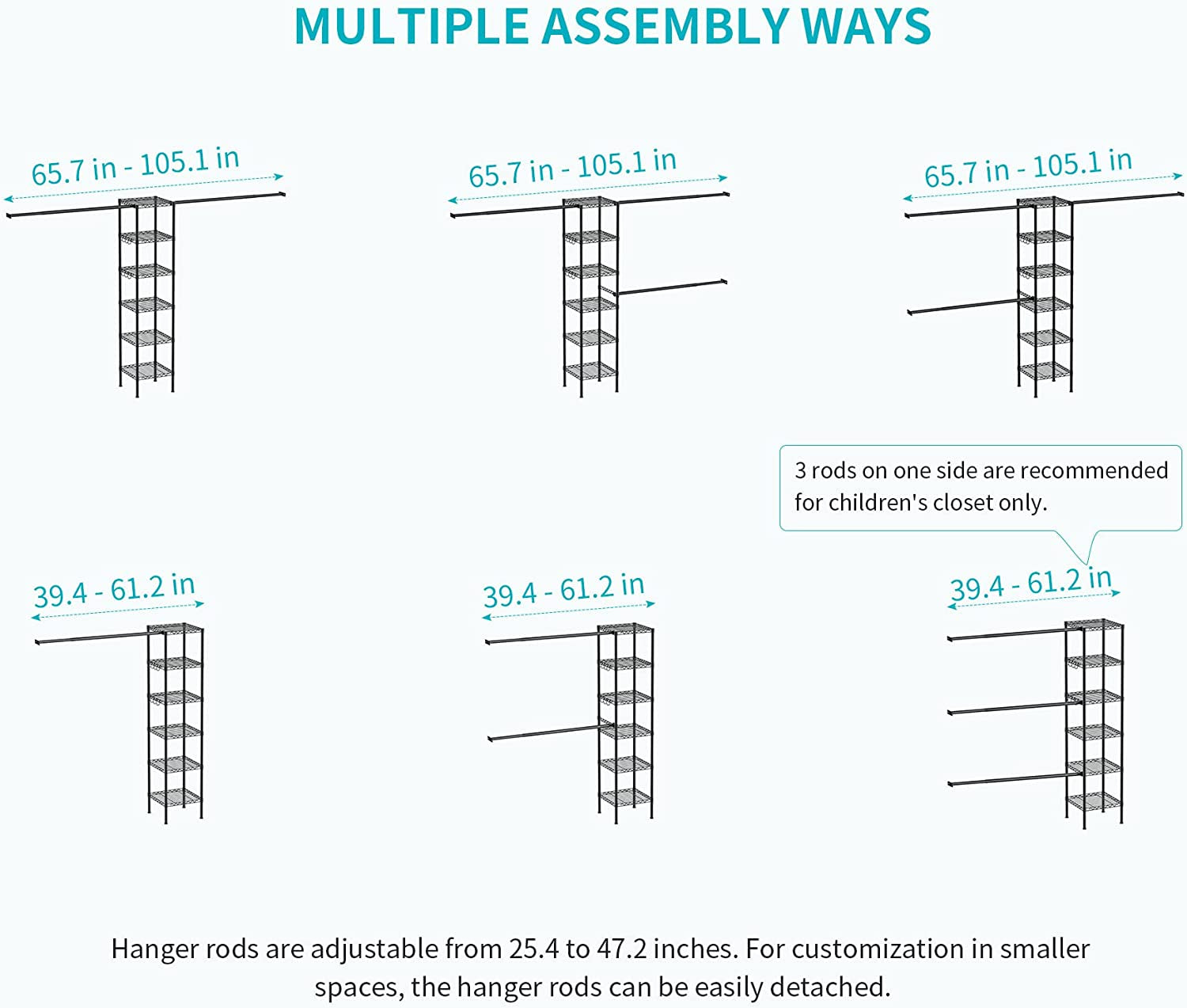 M1 Closet Storage Organizer System, 6 Tiers Heavy Duty Metal Garment Rack with 3 Expandable Hanger Rods, Wall Mounted Space Saver Suits from 5.4-8.7 Ft. Width, 71.2”H X 14”D, 700LBS, Black