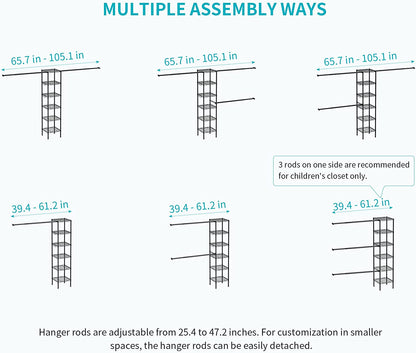 M1 Closet Storage Organizer System, 6 Tiers Heavy Duty Metal Garment Rack with 3 Expandable Hanger Rods, Wall Mounted Space Saver Suits from 5.4-8.7 Ft. Width, 71.2”H X 14”D, 700LBS, Black