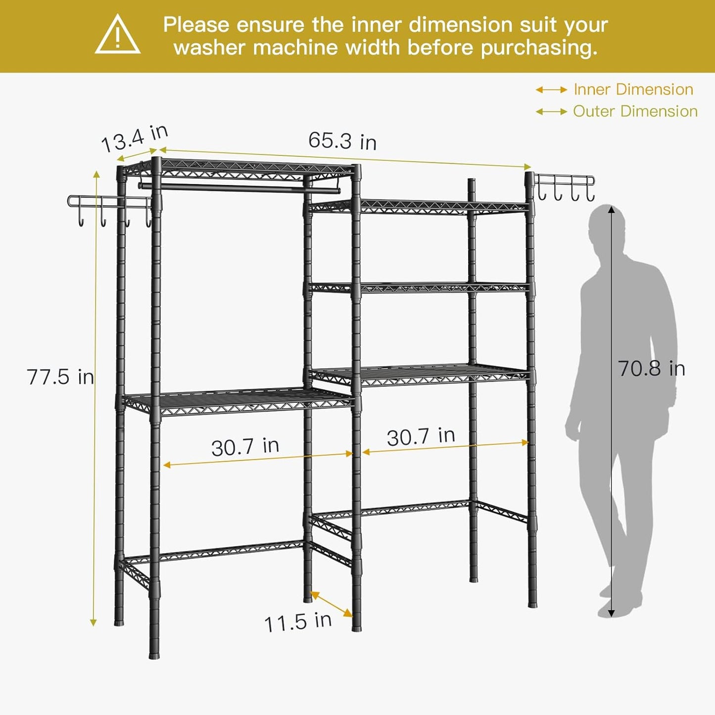 U6 Clothes Drying Rack, 5 Tiers Freestanding over Washer and Dryer Laundry Room Storage and Organizer, Heavy-Duty Space Saver Shelf for Hanging Clothes and Towels, 65.3”W X 13.4”D X 77.5”H, Black