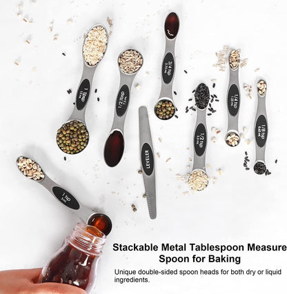 Magnetic Measuring Spoons Set Stainless Steel with Leveler, Stackable Metal Tablespoon Measure Spoon for Baking, Cups and Spoon Set Kitchen Gadgets Apartment Essentials Fits in Spice Jars