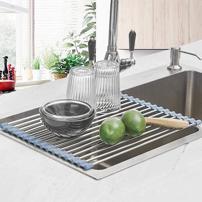 Roll up Dish Drying Rack, Roll over the Sink Dish Drying Rack Kitchen Rolling Dish Drainer, Foldable Sink Rack Mat Stainless Steel Wire Dish Drying Rack for Kitchen Sink Counter (17.5''X11.8'')