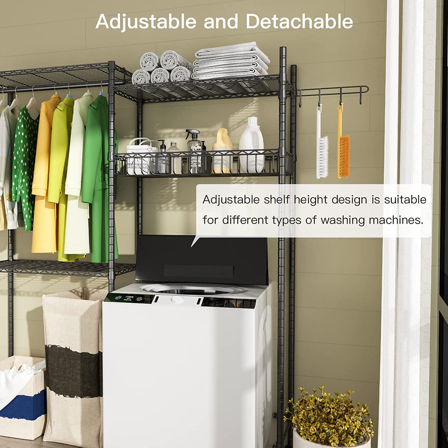 over the Washer and Dryer Storage Shelf, Laundry Room Drying Rack, 3 Tier Adjustable Height Shelving Bathroom Space Saving Rack with Wire Basket and 2 Hooks, 57.8" L X 13.4" D X 76.7" H, Black