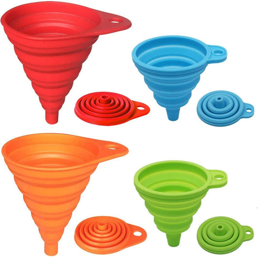 Kitchen Funnel Set 4 Pack, Small and Large, Kitchen Gadgets Accessories Foldable Silicone Collapsible Funnels for Filling Water Bottle Liquid Transfer Food Grade