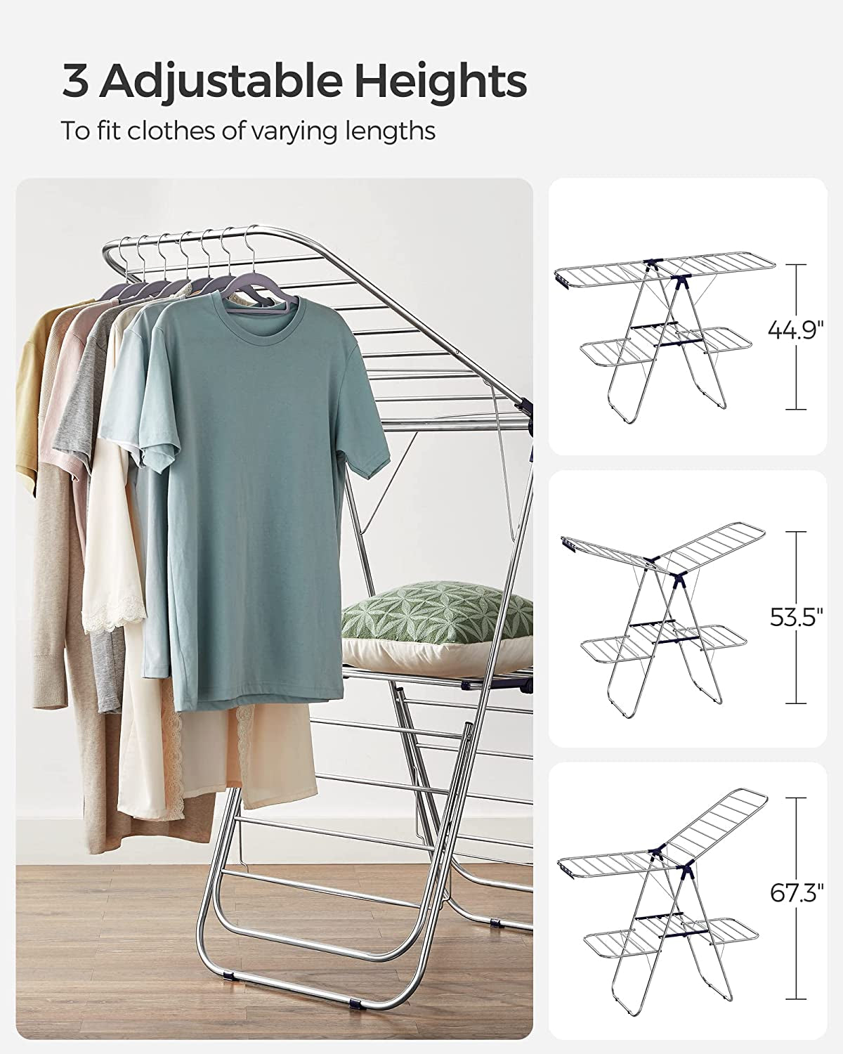 Clothes Drying Rack, Foldable 2-Level Laundry Drying Rack, Free-Standing Large Drying Rack, with Height-Adjustable Wings, 33 Drying Rails, Sock Clips, Silver and Blue ULLR53BU