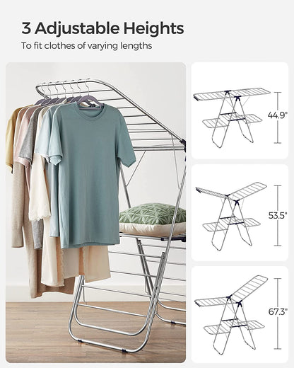 Clothes Drying Rack, Foldable 2-Level Laundry Drying Rack, Free-Standing Large Drying Rack, with Height-Adjustable Wings, 33 Drying Rails, Sock Clips, Silver and Blue ULLR53BU