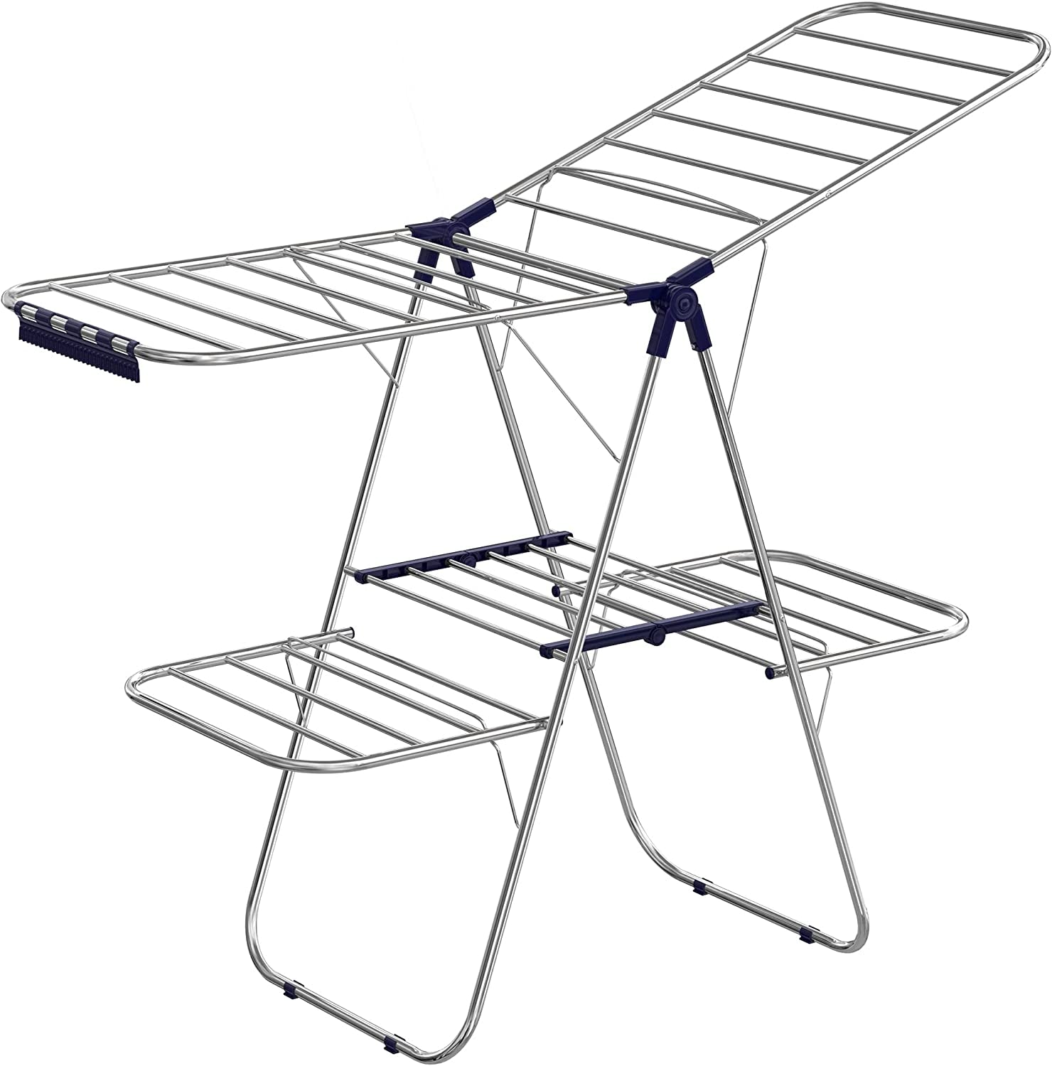 Clothes Drying Rack, Foldable 2-Level Laundry Drying Rack, Free-Standing Large Drying Rack, with Height-Adjustable Wings, 33 Drying Rails, Sock Clips, Silver and Blue ULLR53BU