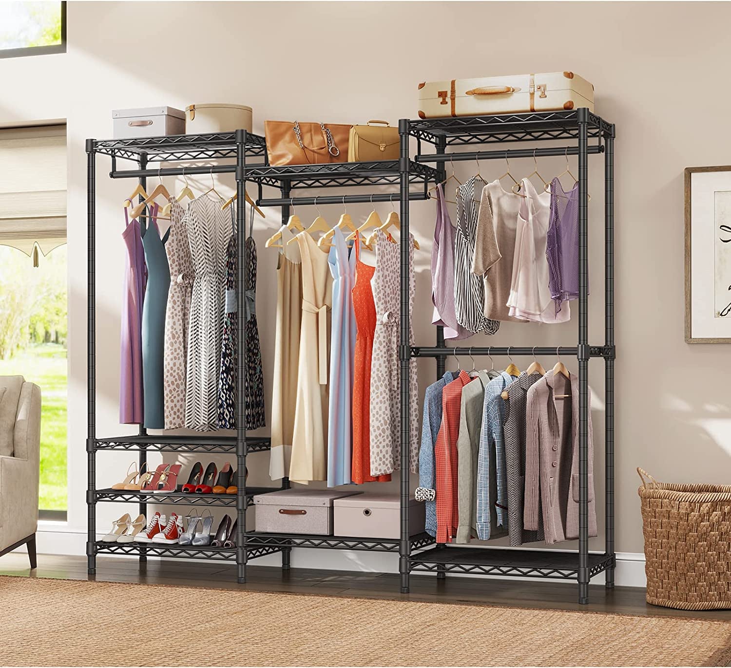 Portable Closet Wardrobe Heavy Duty Clothes Rack/ Heavy Duty Wardrobe/Garment Rack, 5-Tier Freestanding Clothes Rack with Shelves,