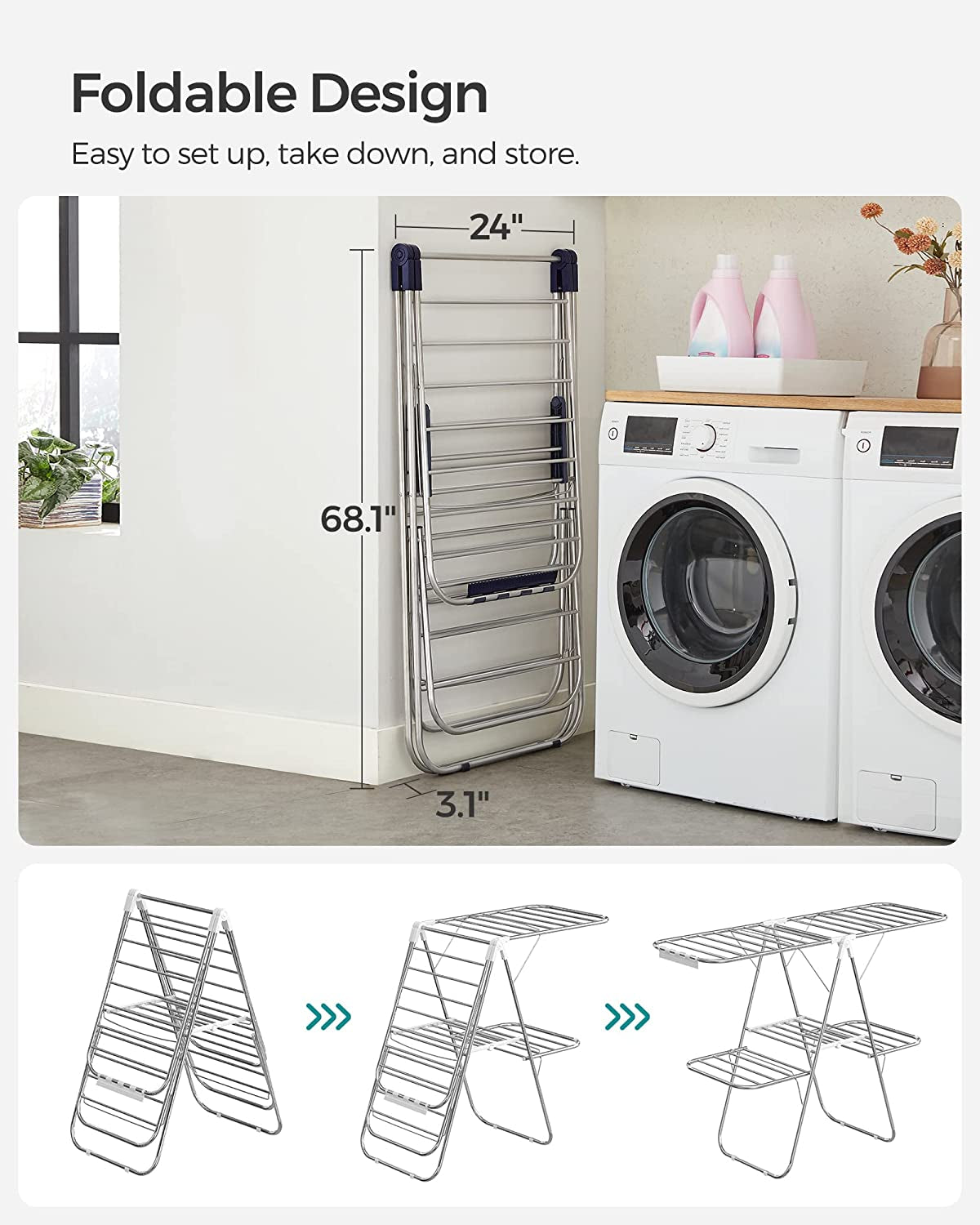 Clothes Drying Rack, Foldable 2-Level Laundry Drying Rack, Free-Standing Large Drying Rack, with Height-Adjustable Wings, 33 Drying Rails, Sock Clips, Silver and Blue ULLR53BU