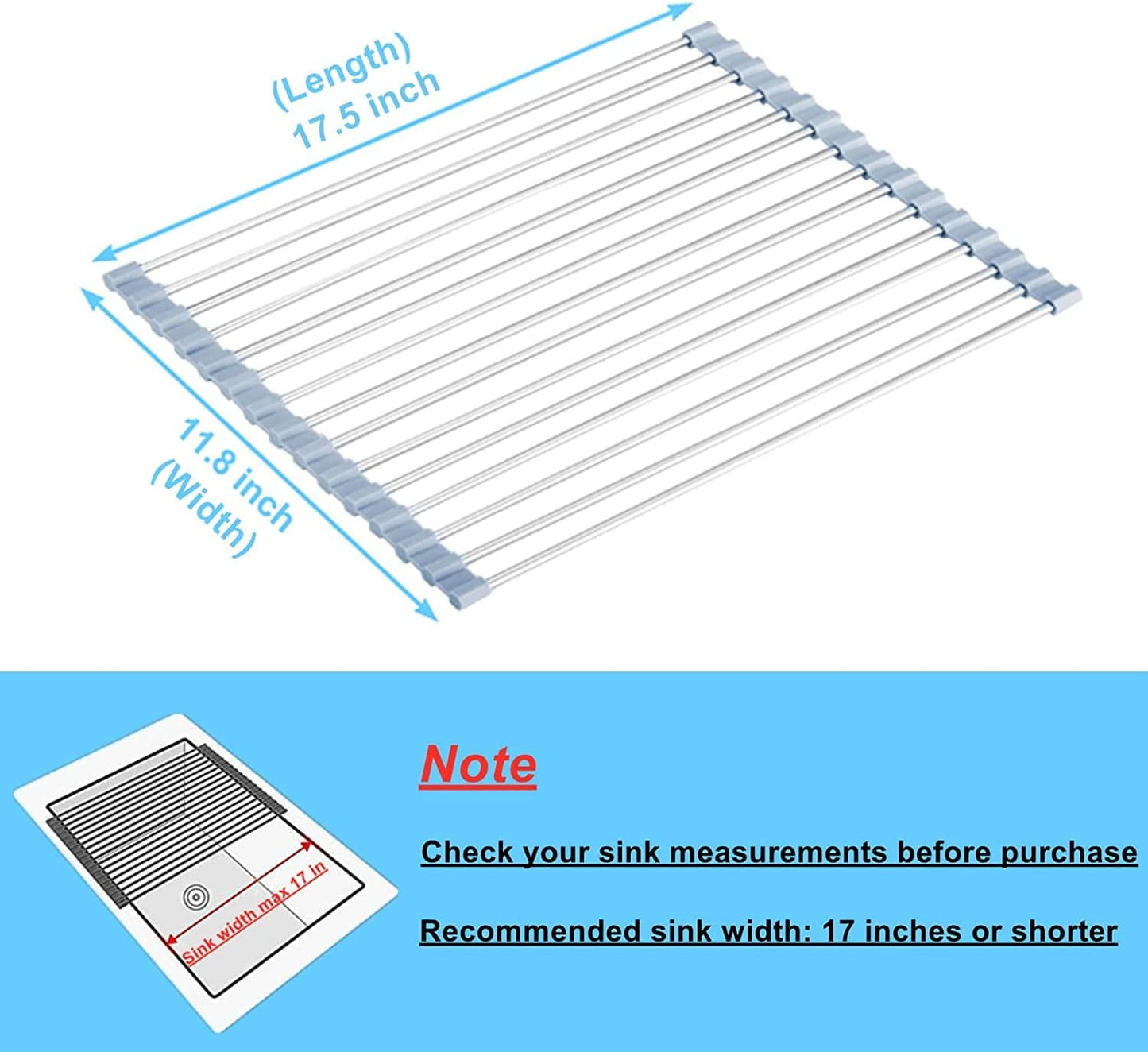 Roll up Dish Drying Rack, Roll over the Sink Dish Drying Rack Kitchen Rolling Dish Drainer, Foldable Sink Rack Mat Stainless Steel Wire Dish Drying Rack for Kitchen Sink Counter (17.5''X11.8'')